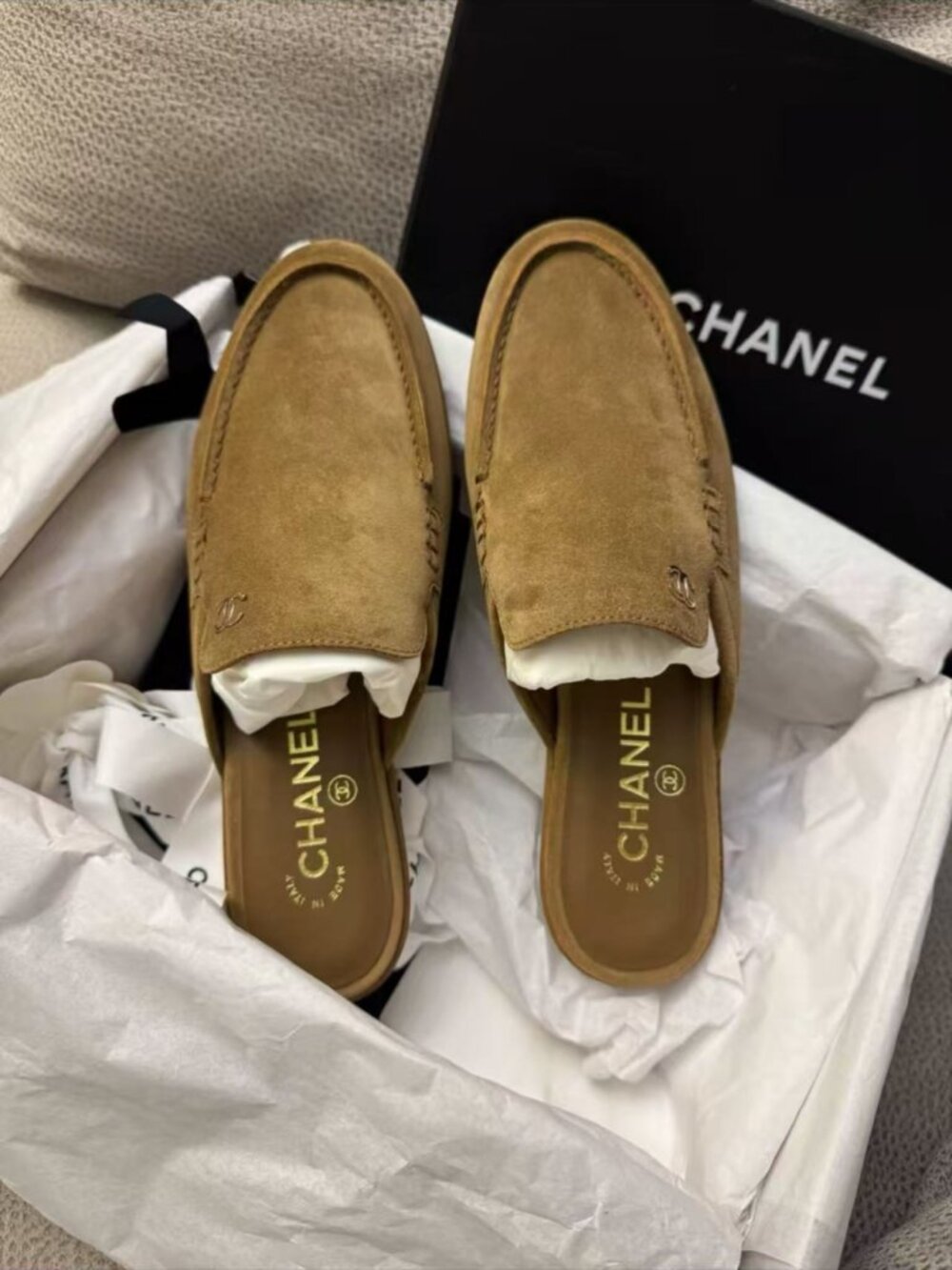 CHANEL Tan Suede CC Loafer Mule Flats